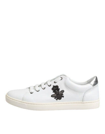 Dolce &amp; Gabbana Weiße Crown Bee Leder Low Top Sneakers Schuhe