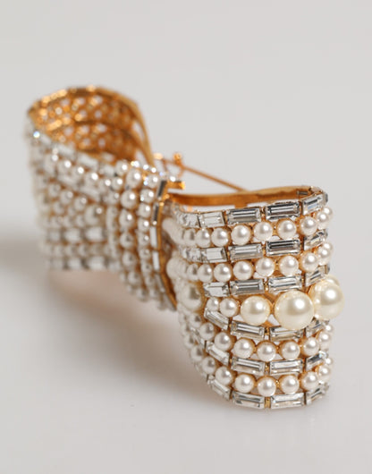 Dolce &amp; Gabbana – Brosche aus goldfarbenem Messing mit Schleife und Kristall-Kunstperlenverzierung