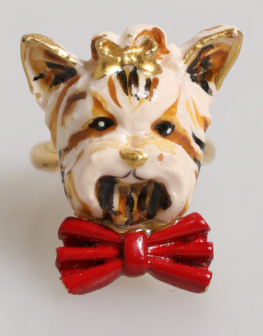 Dolce &amp; Gabbana Gold Messing Harz Beige Hund Haustier Accessoire Ring