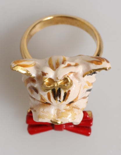 Dolce &amp; Gabbana Gold Messing Harz Beige Hund Haustier Accessoire Ring