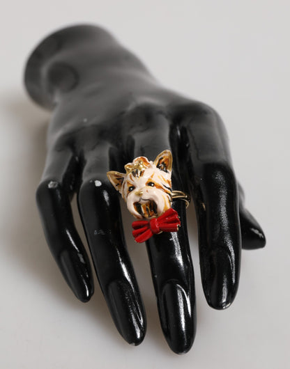Dolce &amp; Gabbana Gold Messing Harz Beige Hund Haustier Accessoire Ring