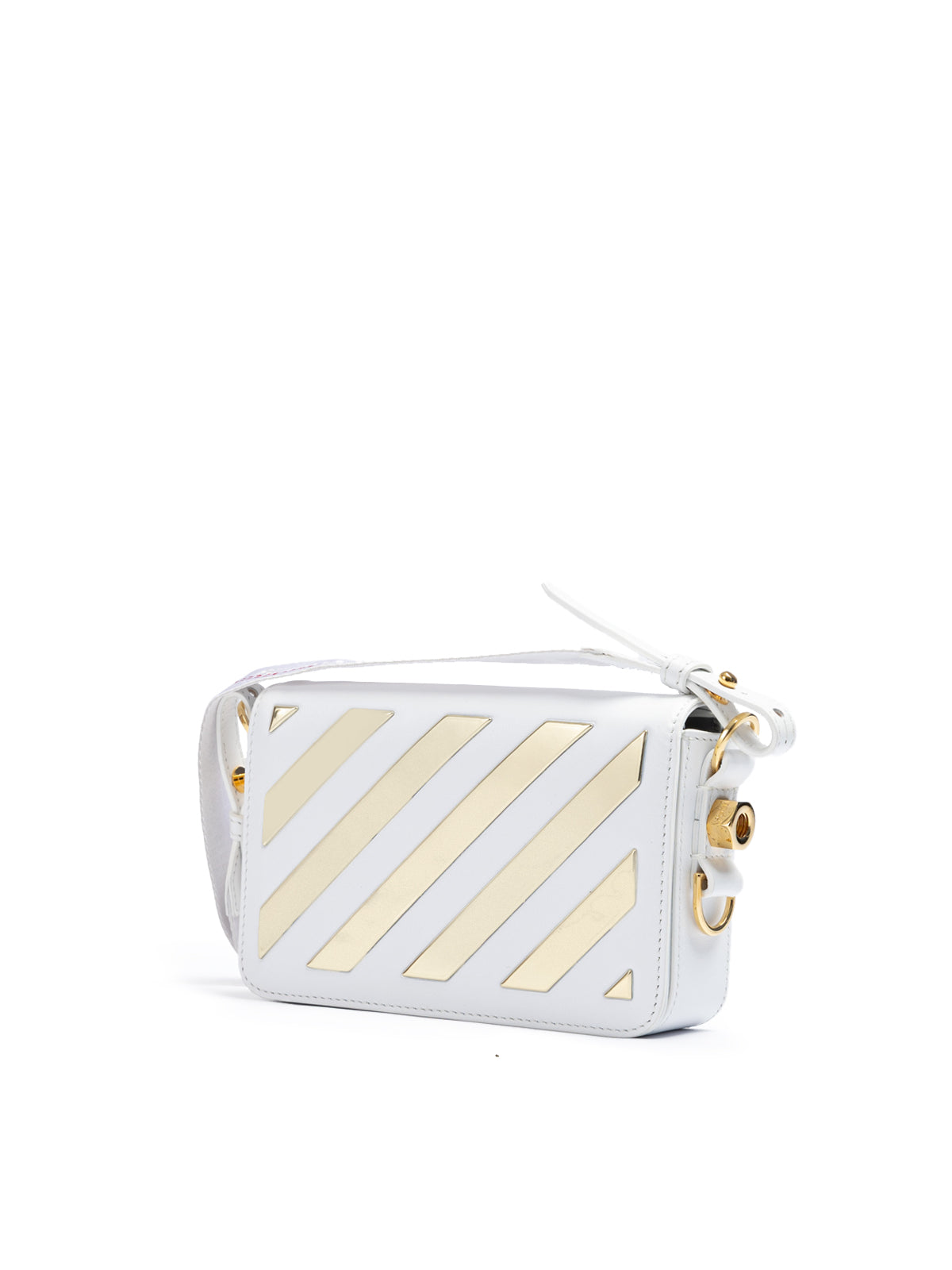 Off-White – Mini-Umhängetasche mit Streifen in Weiß/Gold-Metallic