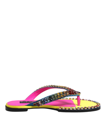 Dolce &amp; Gabbana Multicolor Strass Flip Flop Flache Sandalen Schuhe