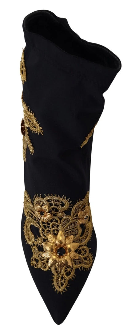 Dolce &amp; Gabbana Schwarz Gold Stickerei Kristall Stiefel Schuhe