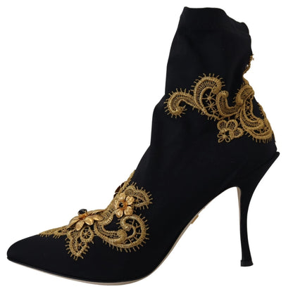 Dolce &amp; Gabbana Schwarz Gold Stickerei Kristall Stiefel Schuhe