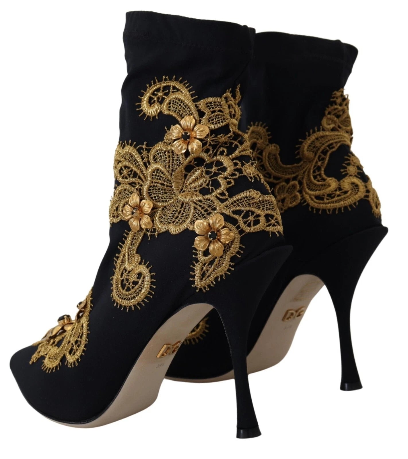 Dolce &amp; Gabbana Schwarz Gold Stickerei Kristall Stiefel Schuhe