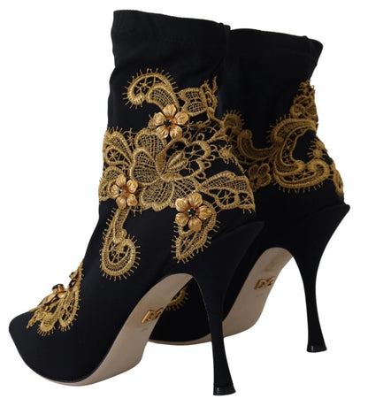 Dolce &amp; Gabbana Schwarz Gold Stickerei Kristall Stiefel Schuhe