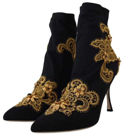 Dolce &amp; Gabbana Schwarz Gold Stickerei Kristall Stiefel Schuhe