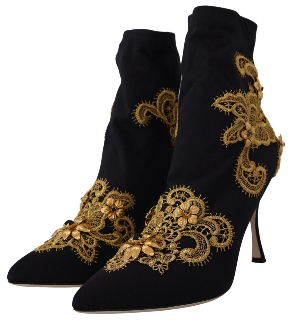 Dolce &amp; Gabbana Schwarz Gold Stickerei Kristall Stiefel Schuhe