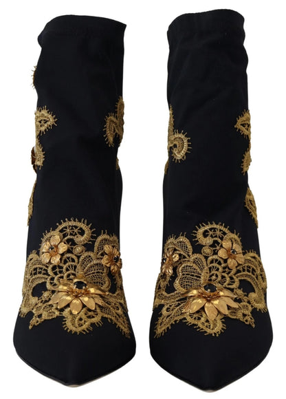 Dolce &amp; Gabbana Schwarz Gold Stickerei Kristall Stiefel Schuhe