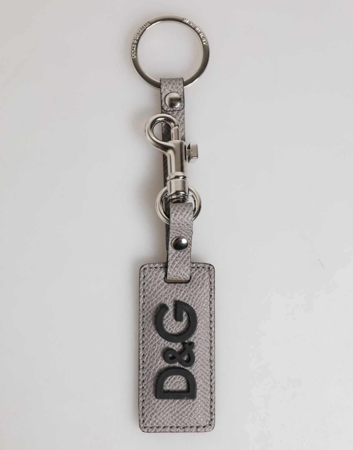 Dolce &amp; Gabbana Schlüsselanhänger aus grauem Leder mit Logo und Metallring für Herren