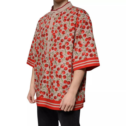 Dolce &amp; Gabbana Beige Cherry Nylon Geknöpftes Freizeithemd