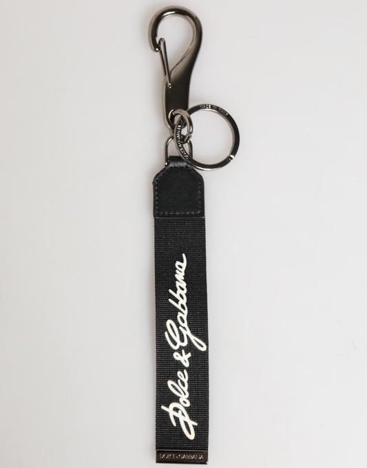 Dolce &amp; Gabbana Schwarz Weiß Polyester DG Logo Silber Männer Schlüsselanhänger Schlüsselanhänger