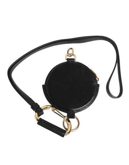 Dolce &amp; Gabbana – Schwarzes rundes Leder-Geldbörse mit DG-Logo und Schlüsselband
