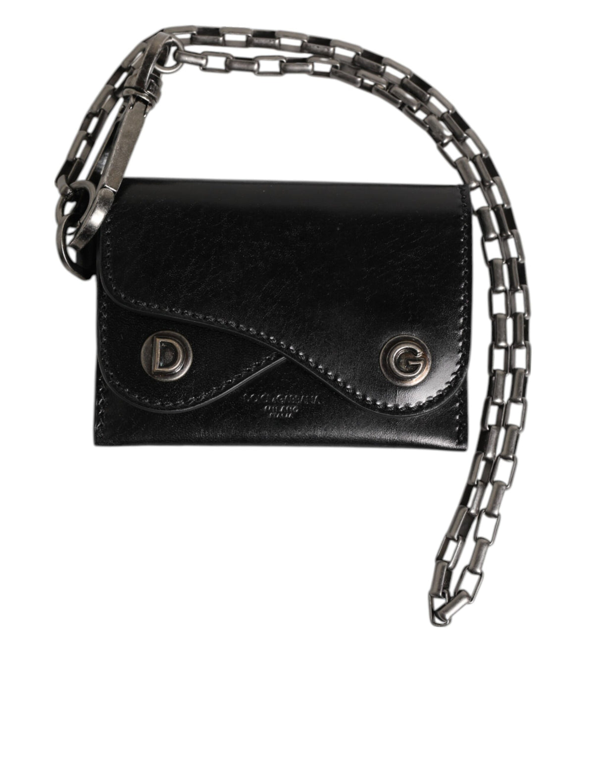 Dolce &amp; Gabbana Schwarzes Cavallo-Lederportemonnaie mit Kette und Druckknopf, zweifach faltbares Kartenetui