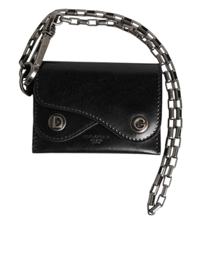 Dolce &amp; Gabbana Schwarzes Cavallo-Lederportemonnaie mit Kette und Druckknopf, zweifach faltbares Kartenetui