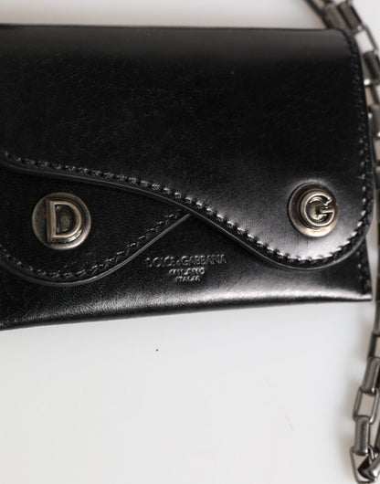 Dolce &amp; Gabbana Schwarzes Cavallo-Lederportemonnaie mit Kette und Druckknopf, zweifach faltbares Kartenetui