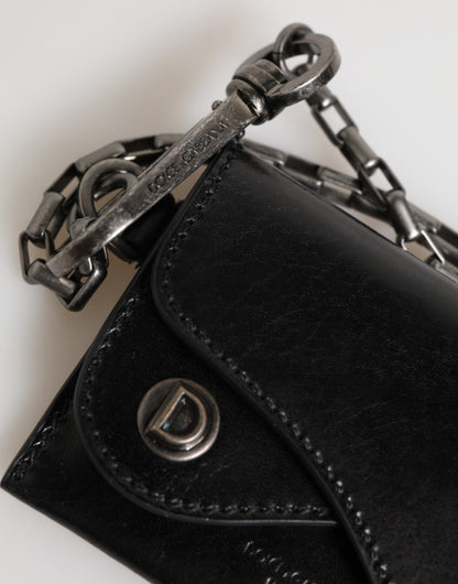 Dolce &amp; Gabbana Schwarzes Cavallo-Lederportemonnaie mit Kette und Druckknopf, zweifach faltbares Kartenetui