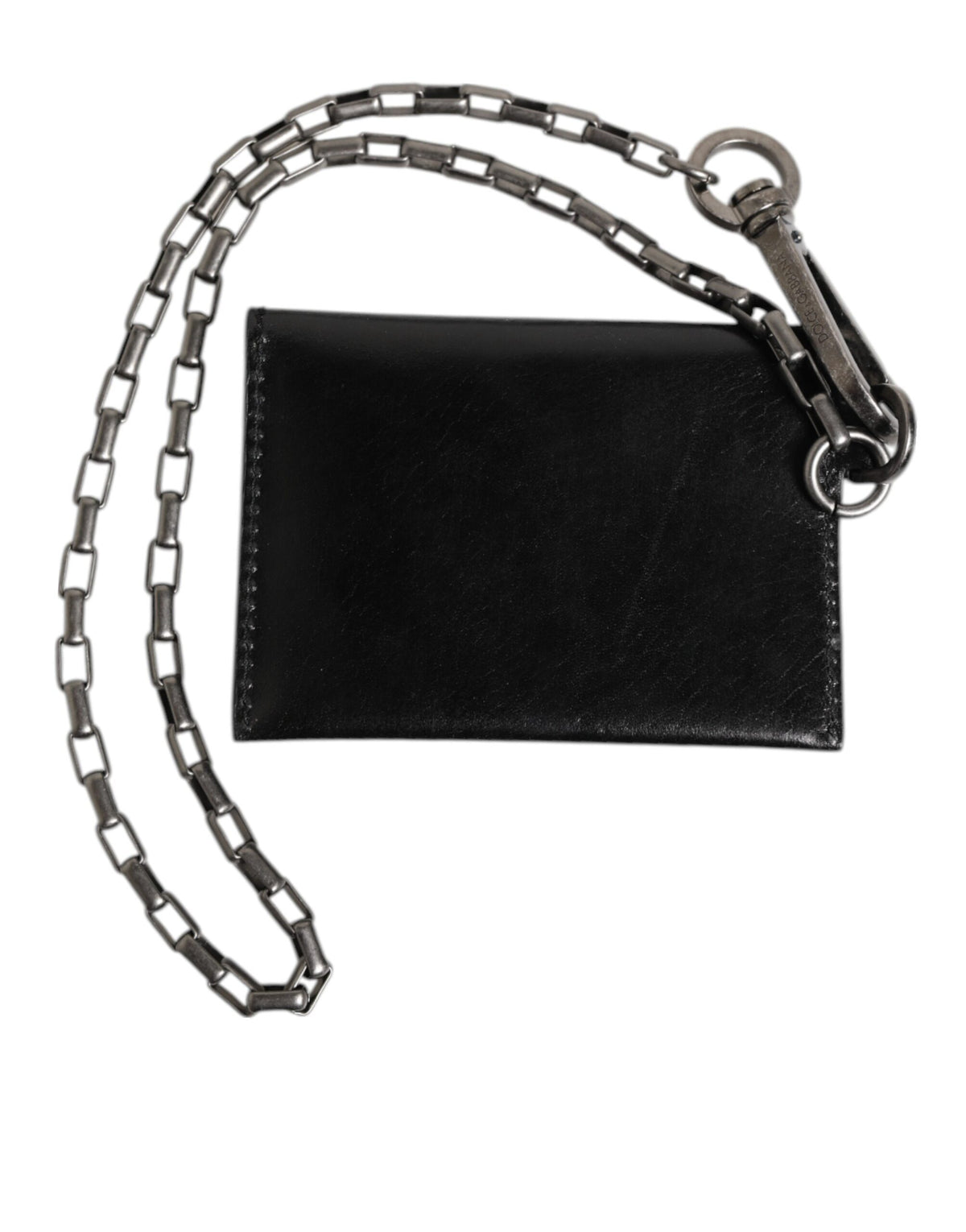 Dolce &amp; Gabbana Schwarzes Cavallo-Lederportemonnaie mit Kette und Druckknopf, zweifach faltbares Kartenetui