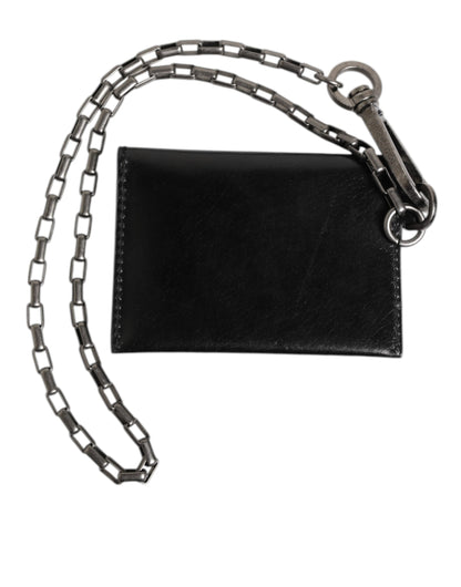 Dolce &amp; Gabbana Schwarzes Cavallo-Lederportemonnaie mit Kette und Druckknopf, zweifach faltbares Kartenetui