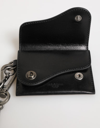 Dolce &amp; Gabbana Schwarzes Cavallo-Lederportemonnaie mit Kette und Druckknopf, zweifach faltbares Kartenetui