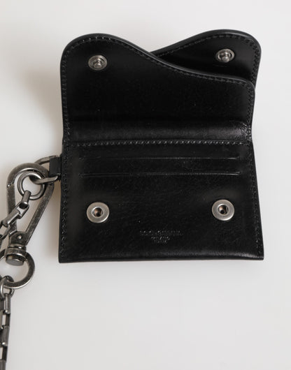 Dolce &amp; Gabbana Schwarzes Cavallo-Lederportemonnaie mit Kette und Druckknopf, zweifach faltbares Kartenetui