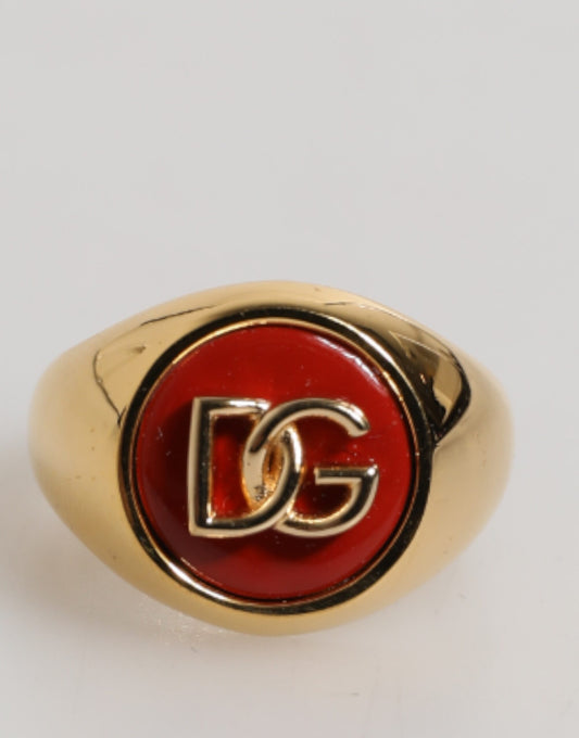 Dolce &amp; Gabbana Herrenring aus echtem Messing in Goldton mit rundem, rotem DG-Logo
