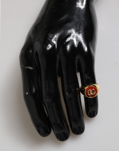 Dolce &amp; Gabbana Herrenring aus echtem Messing in Goldton mit rundem, rotem DG-Logo