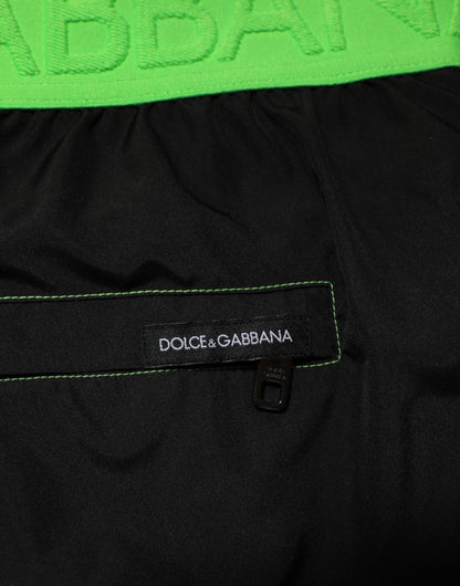 Dolce &amp; Gabbana Schwarz Grün Logo Taillenband Beachwear Kurze Bademode