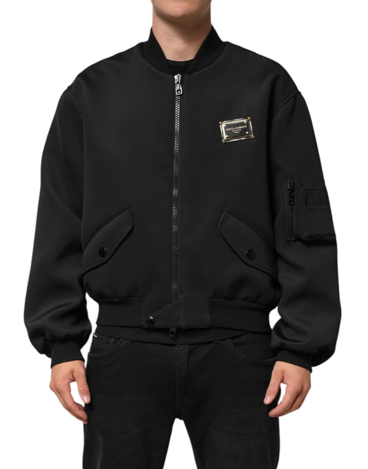 Dolce &amp; Gabbana – Bomberjacke aus schwarzem Polyester mit Logo-Schild