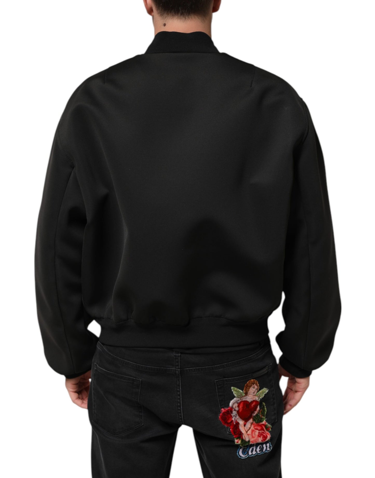 Dolce &amp; Gabbana – Bomberjacke aus schwarzem Polyester mit Logo-Schild