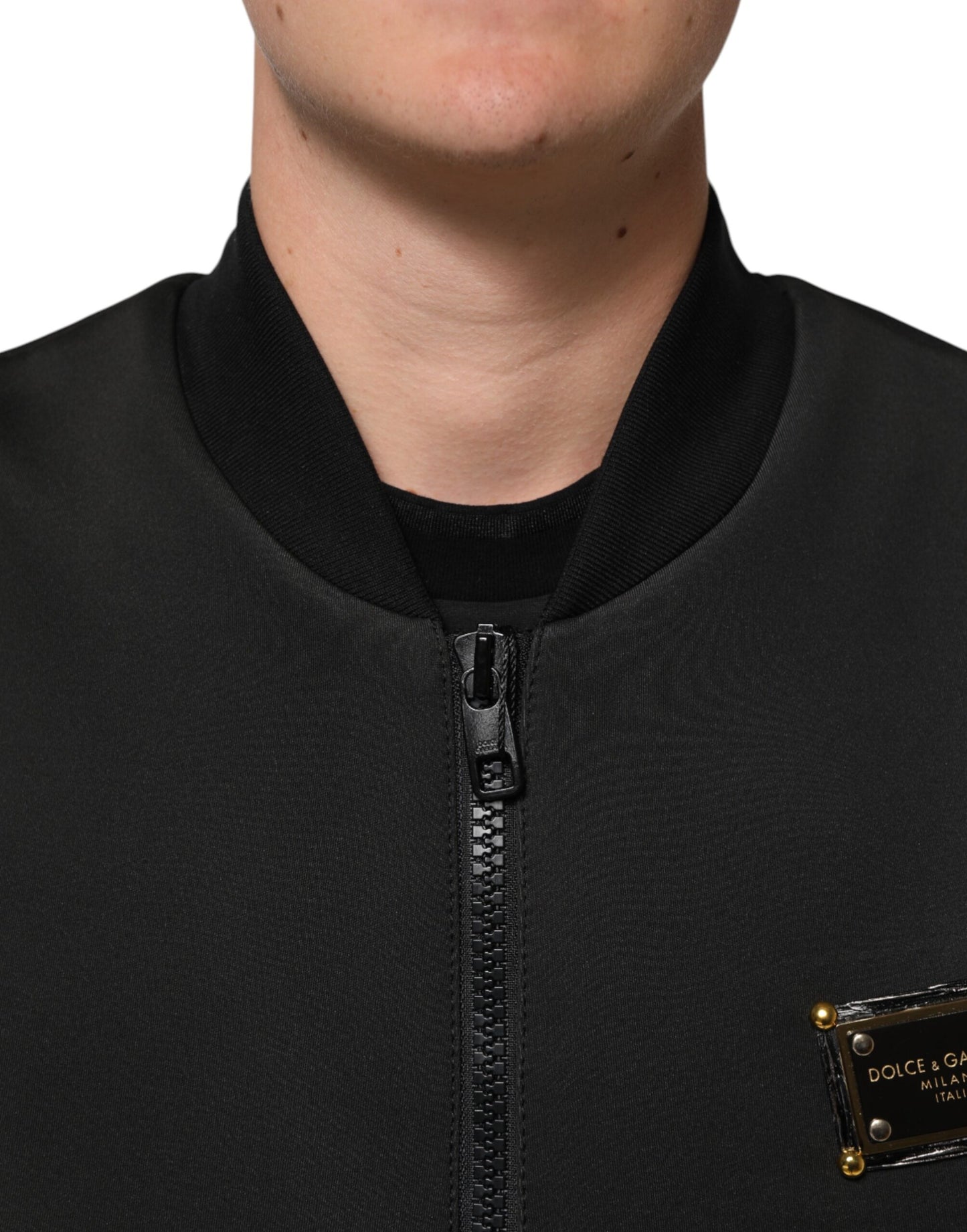 Dolce &amp; Gabbana – Bomberjacke aus schwarzem Polyester mit Logo-Schild