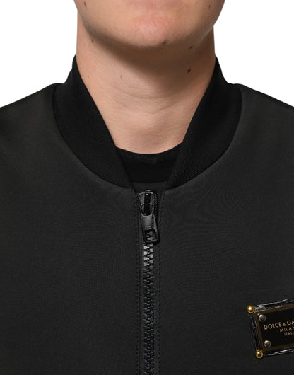 Dolce &amp; Gabbana – Bomberjacke aus schwarzem Polyester mit Logo-Schild