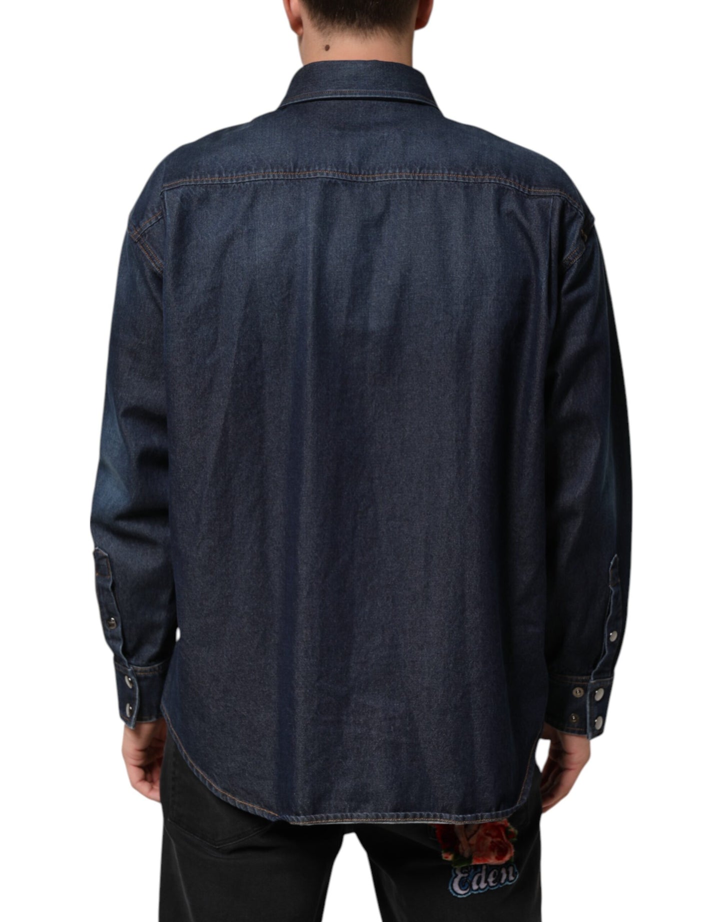 Dolce &amp; Gabbana Blaues Denim-Knopf-Lässiges Logo-Patch-Herrenhemd