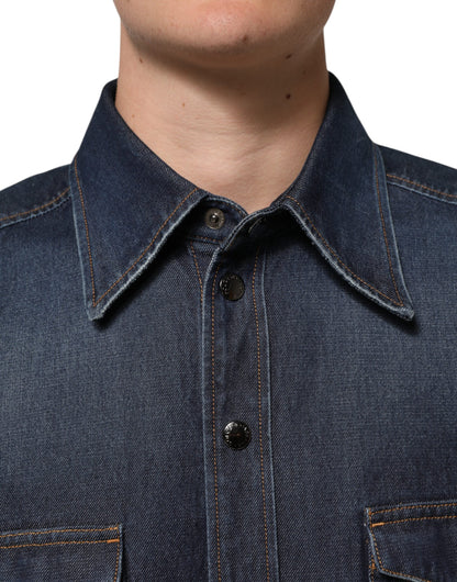 Dolce &amp; Gabbana Blaues Denim-Knopf-Lässiges Logo-Patch-Herrenhemd