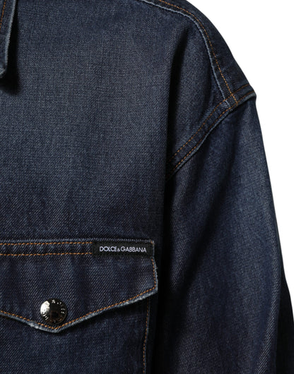 Dolce &amp; Gabbana Blaues Denim-Knopf-Lässiges Logo-Patch-Herrenhemd