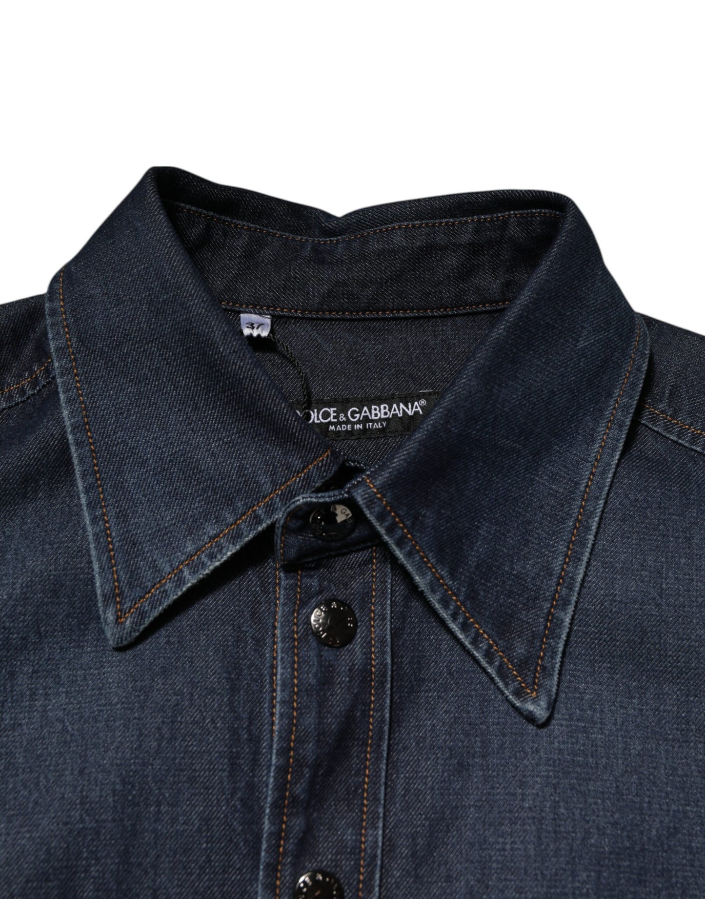 Dolce &amp; Gabbana Blaues Denim-Knopf-Lässiges Logo-Patch-Herrenhemd