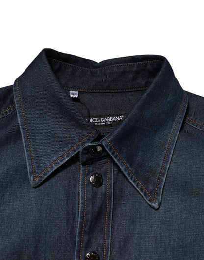 Dolce &amp; Gabbana Blaues Denim-Knopf-Lässiges Logo-Patch-Herrenhemd