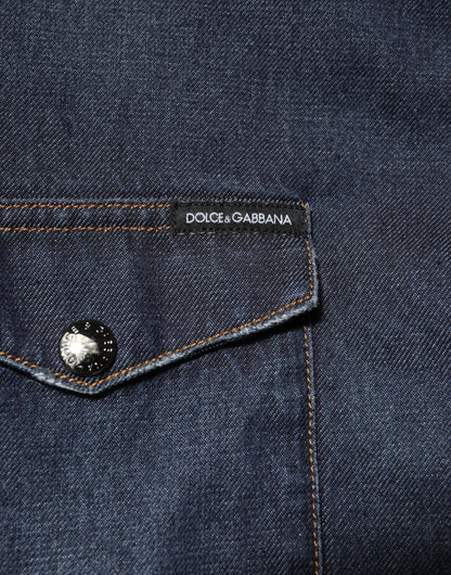 Dolce &amp; Gabbana Blaues Denim-Knopf-Lässiges Logo-Patch-Herrenhemd