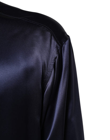 Dolce &amp; Gabbana, Marineblaues Seidenhemd mit langen Ärmeln und Stehkragen