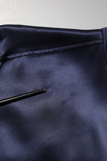 Dolce &amp; Gabbana, Marineblaues Seidenhemd mit langen Ärmeln und Stehkragen