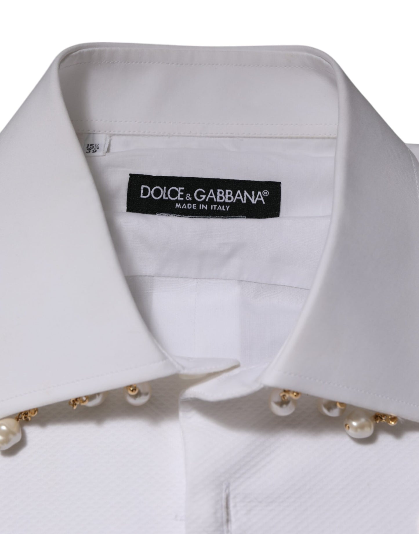 Dolce &amp; Gabbana – Weißes, formelles Baumwollhemd mit DG-Logo und Perlenkette