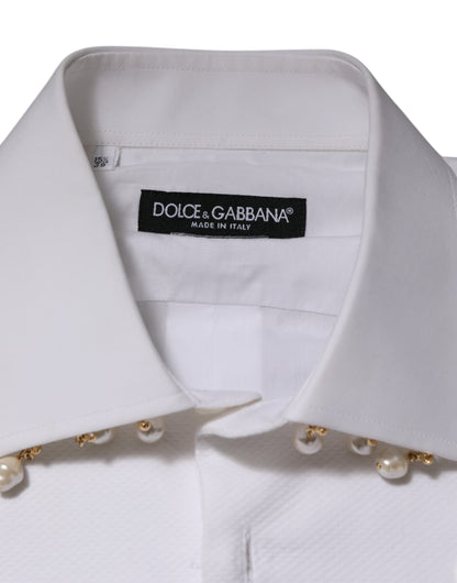 Dolce &amp; Gabbana – Weißes, formelles Baumwollhemd mit DG-Logo und Perlenkette