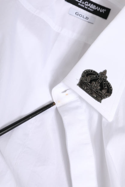 Dolce &amp; Gabbana – Weißes, goldenes Baumwollhemd mit Kronenkragen