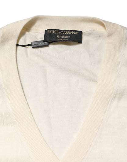 Dolce &amp; Gabbana Elfenbeinfarbener Herren-Strickpullover aus Schurwolle mit V-Ausschnitt
