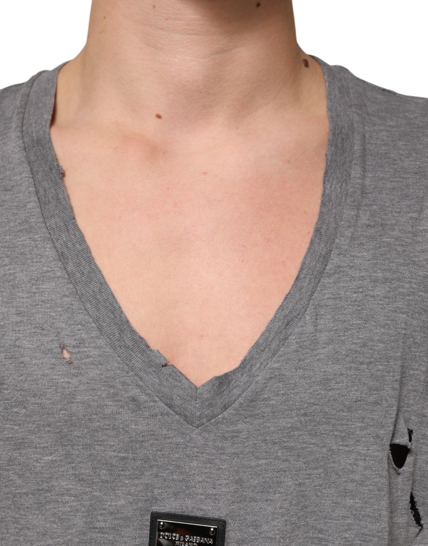 Dolce &amp; Gabbana – T-Shirt mit Logo-Aufnäher aus grauer Baumwolle für Herren