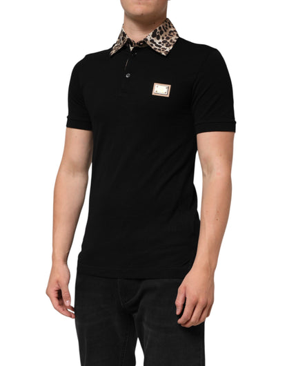 Dolce & Gabbana Black Cotton Leopard Collar Polo T-shirt