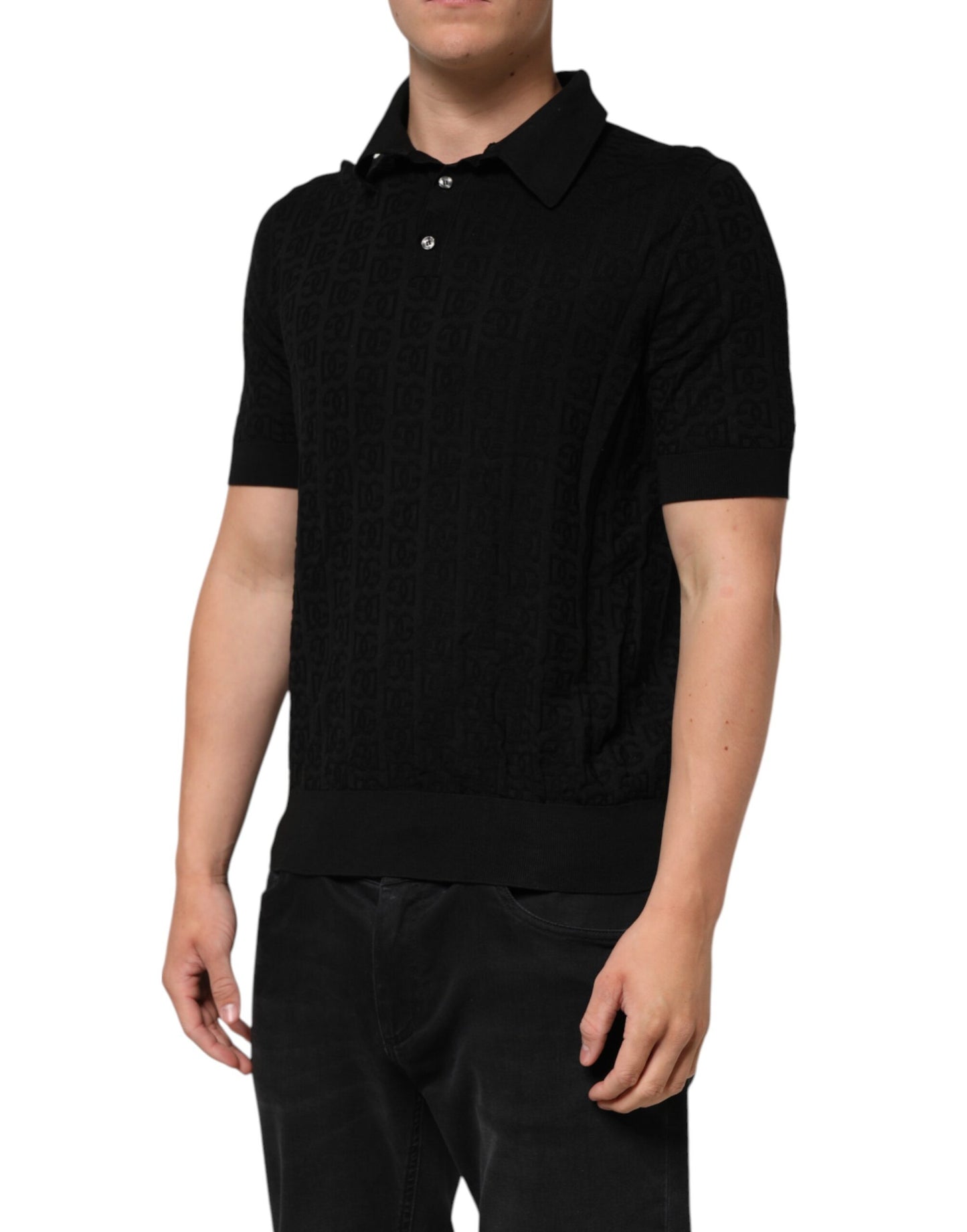 Dolce &amp; Gabbana – Schwarzes Poloshirt aus Seidenjacquard DG
