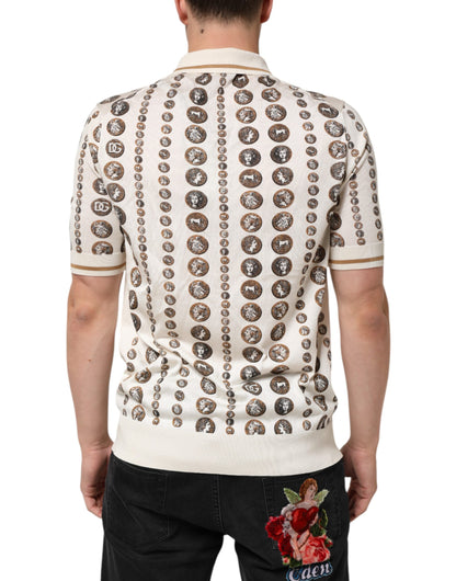 Dolce &amp; Gabbana Herren-Poloshirt aus Seide mit elfenbeinfarbenem Münz-Print