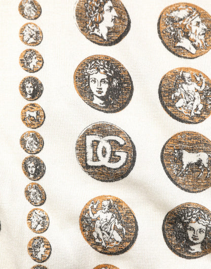 Dolce &amp; Gabbana Herren-Poloshirt aus Seide mit elfenbeinfarbenem Münz-Print